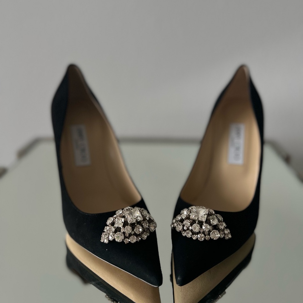 Jimmy Choo black suede pumps with crystal embellished brooch 40 $895